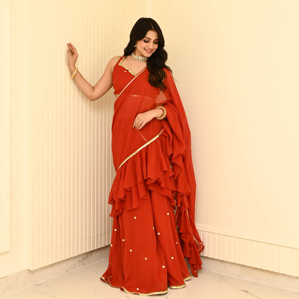 Rust Red Designer Georgette Draped Saree For Women Online